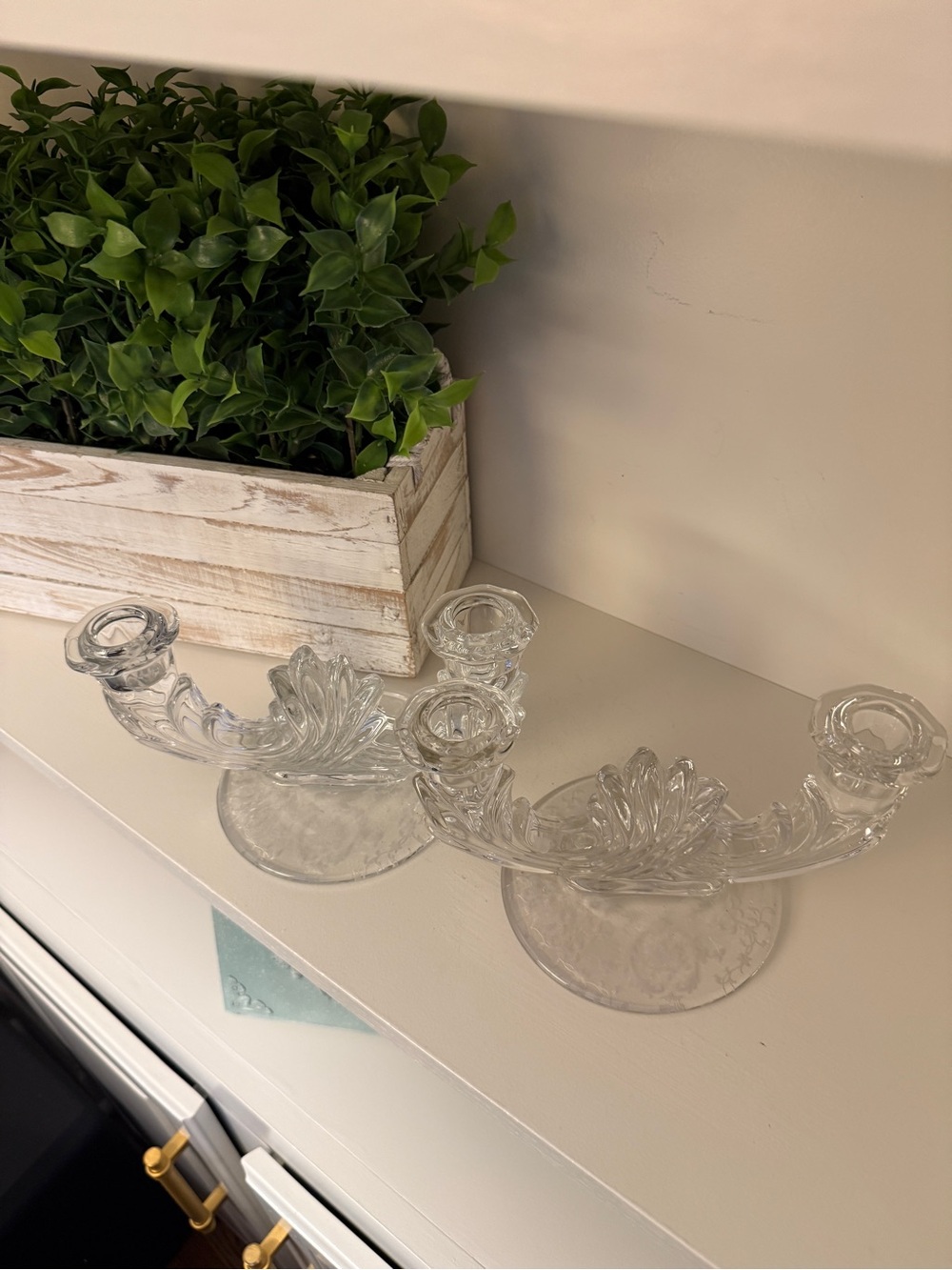 Vintage Fostoria Baroque Clear Glass Double Candlestick Holders Pair